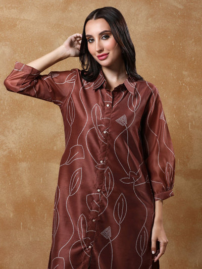 Indyancart VA Women's Bandhani Printed Regular Chanderi Silk Kurta with Trousers
