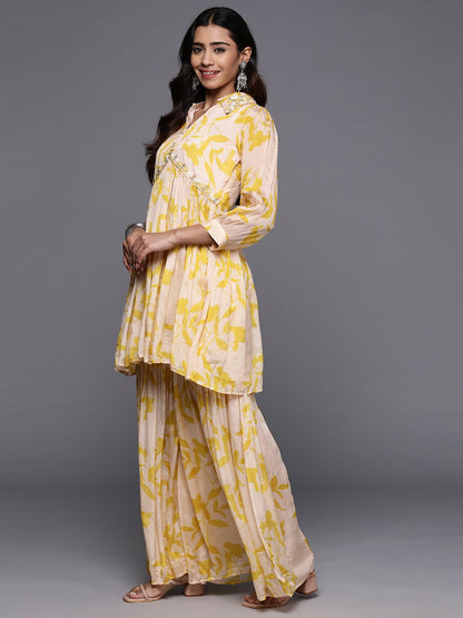 Indyancart VA Floral Embroidered Empire Beads & Stones Pure Silk Kurti with Sharara & Dupatta