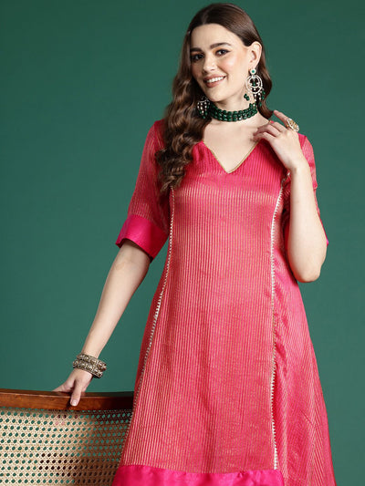 Indyancart SN Women's Striped Dipped Hem Kurta & Velvet Finish Trousers Set