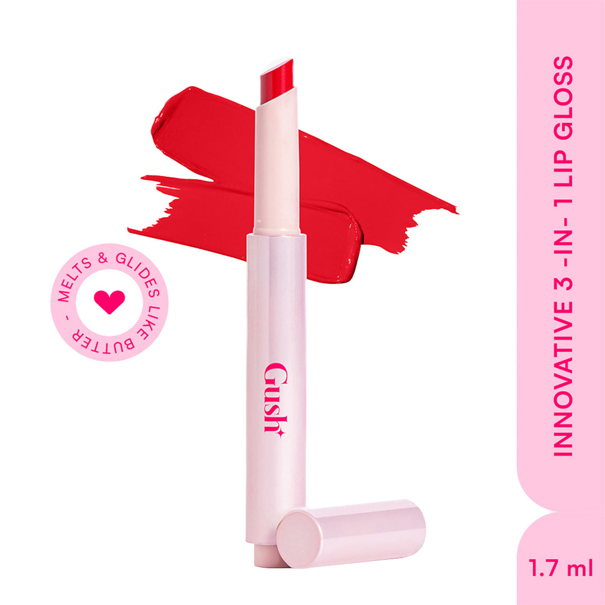 Gush Beauty Hybrid Gloss Butter Balm in Poppy Red, high-shine hydrating lip balm with a glossy finish and smooth texture.