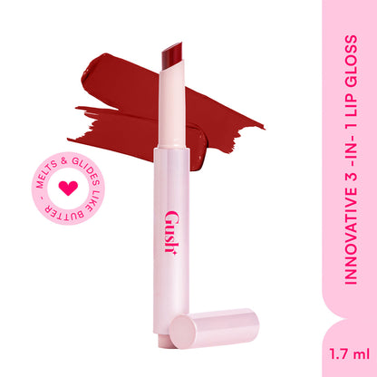 Gush Beauty Hybrid Gloss Butter Balm in Universal Warm Berry displaying high shine and hydrating formula on lips.