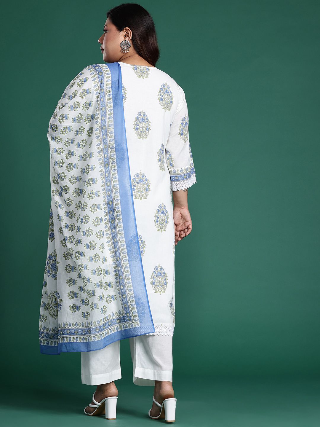 Indyancart IE Plus Size Floral Printed Sequinned Pure Cotton Kurta with Trousers & With Dupatta