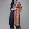 Dhiyona IE Women Navy Blue Yoke Embroidered Kurta with Palazzos & Dupatta