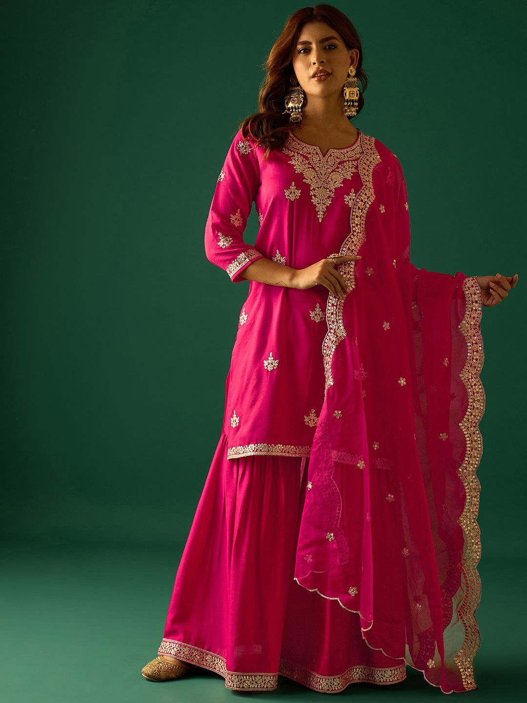 Indyancart VA Women Ethnic Motifs Embroidered Kurta with Sharara & Dupatta