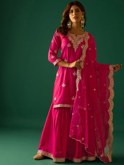Indyancart VA Women Ethnic Motifs Embroidered Kurta with Sharara & Dupatta