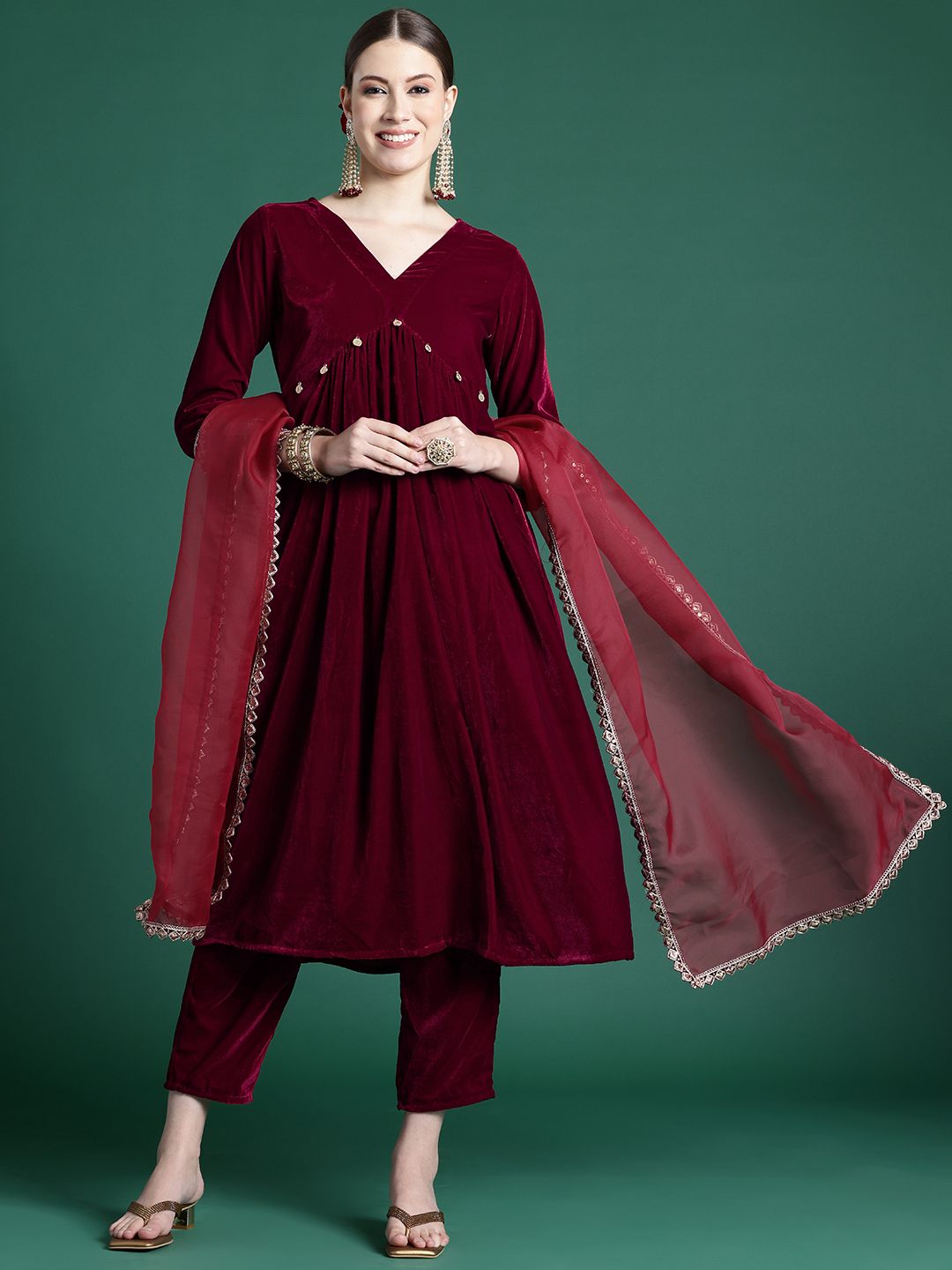 Indyancart IE Empire Velvet Kurta With Trousers & Dupatta
