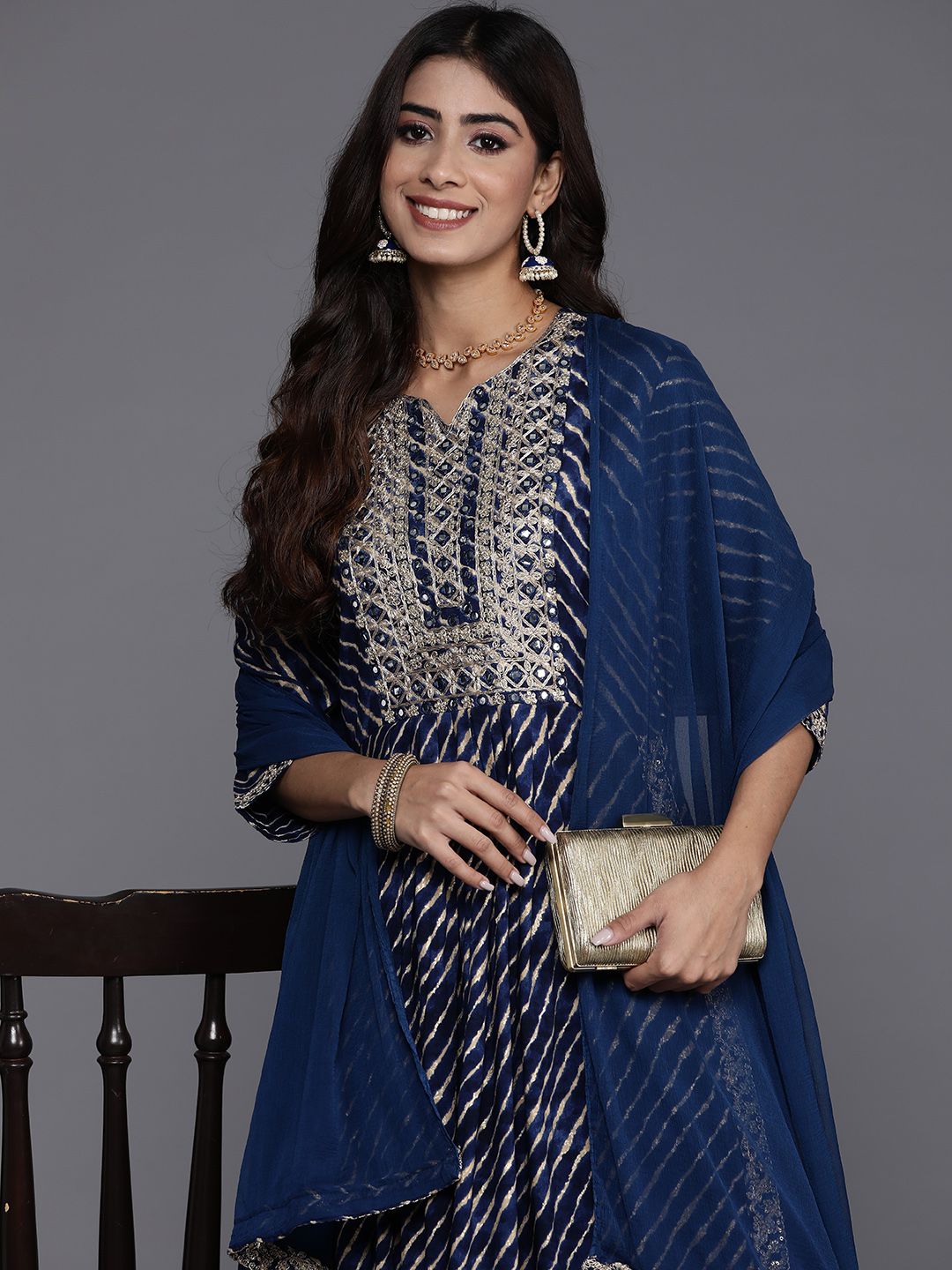 Indyancart IE Women Floral Yoke Design Regular Sequinned Kurta with Trousers & Dupatta