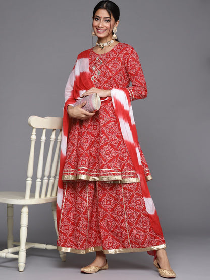 Indyancart VA Women's Red & White Bandhani Printed Anarkali Kurta with Sharara & With Dupatta