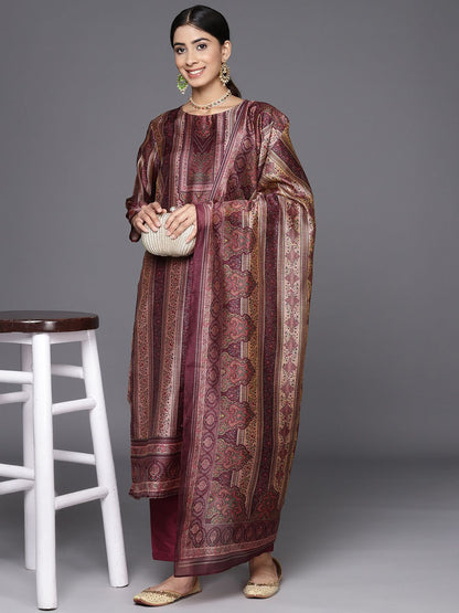 Indyancart VA Women'sEthnic Motifs Printed Chanderi Silk Kurta With Trousers & Dupatta