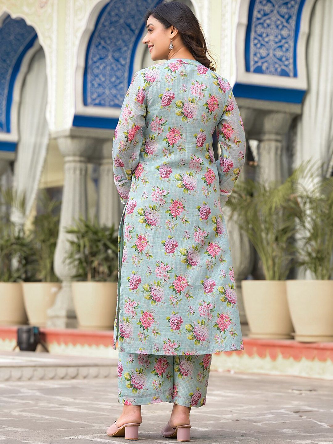 Indyancart VA Women'sFloral Printed Long sleeves Calf Length Straight Kurta With Trouser