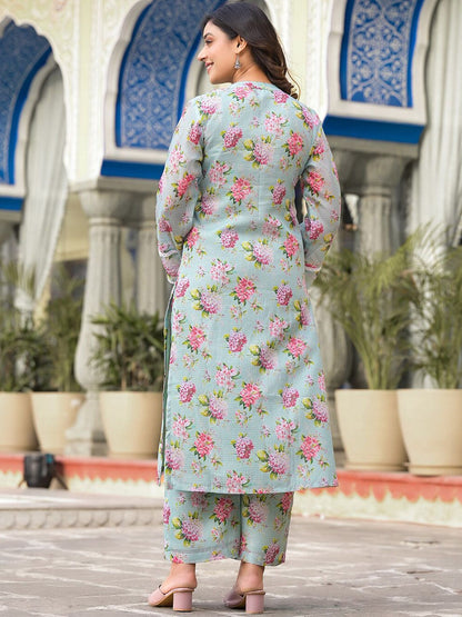 Indyancart VA Women'sFloral Printed Long sleeves Calf Length Straight Kurta With Trouser