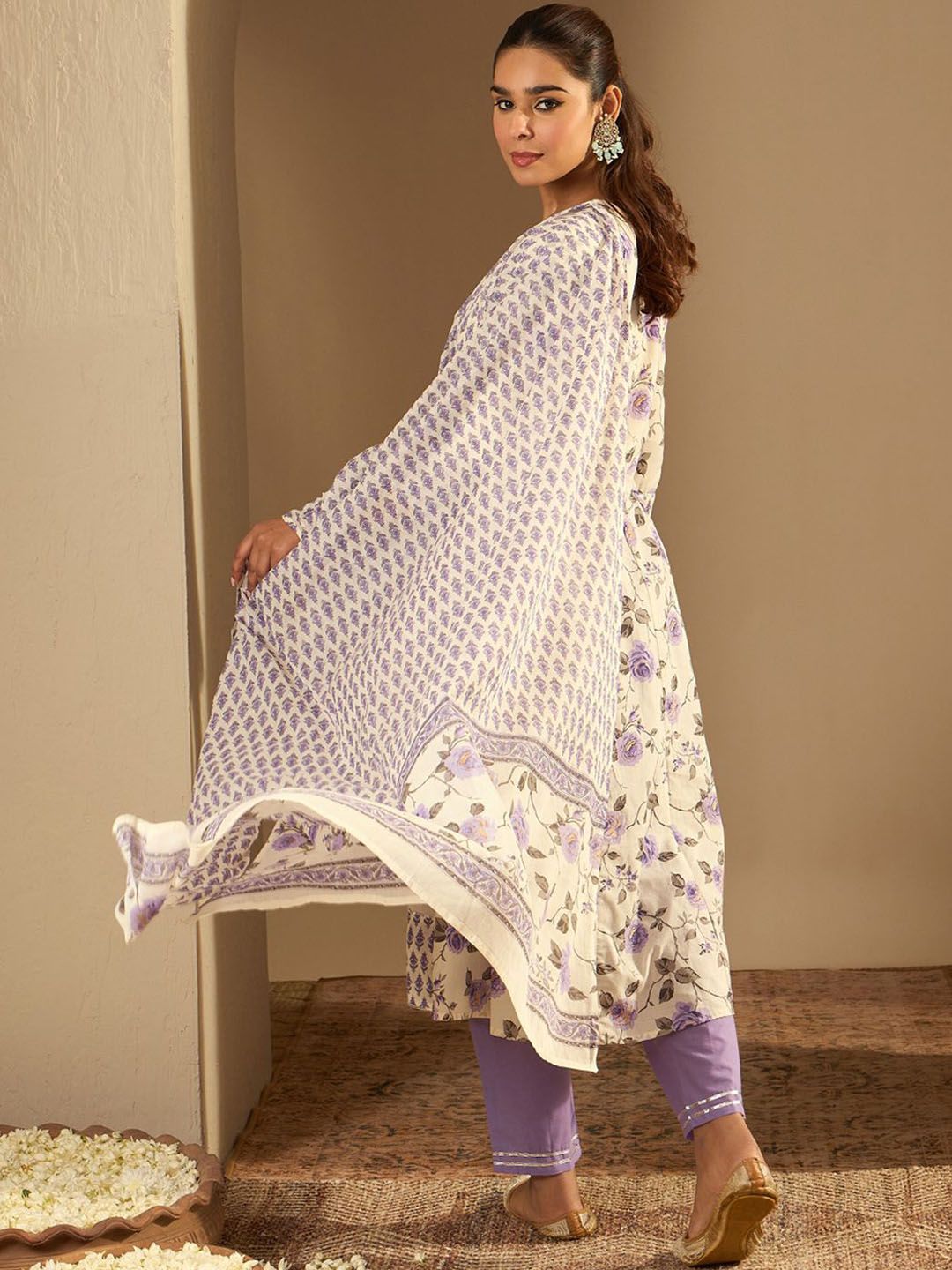 Dhiyona IE Floral Printed A-Line Sequinned Pure Cotton Kurta with Trousers & Dupatta
