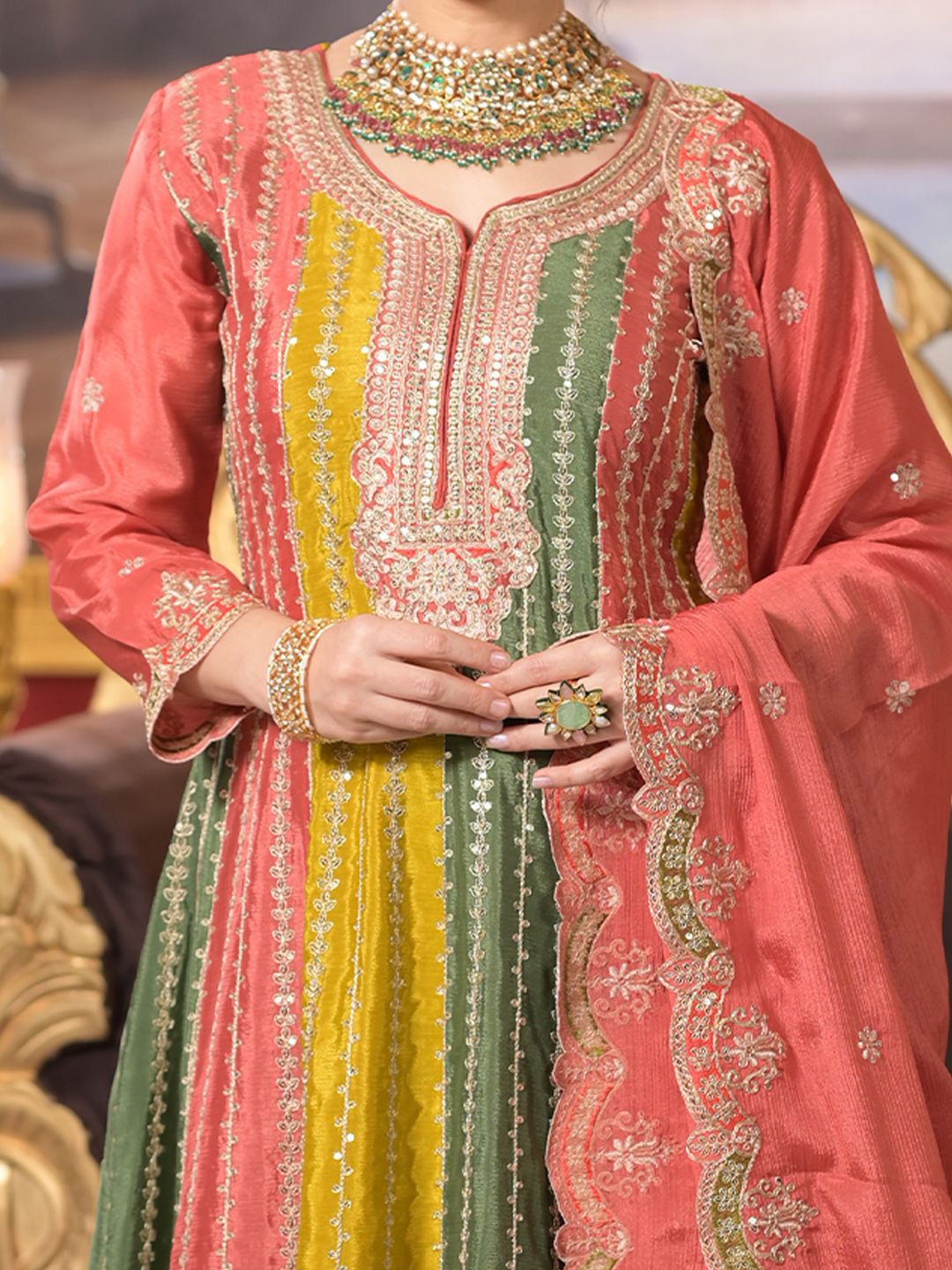 Indyancart IE Ethnic Motifs Embroidered Panelled Sequinned A-Line Kurta With Palazzos & Dupatta