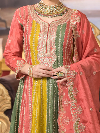 Indyancart IE Ethnic Motifs Embroidered Panelled Sequinned A-Line Kurta With Palazzos & Dupatta