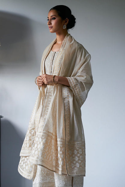 Women's Fog Beige Woven Zari Kurta Suit Set With Delicate Embroidery Detailing