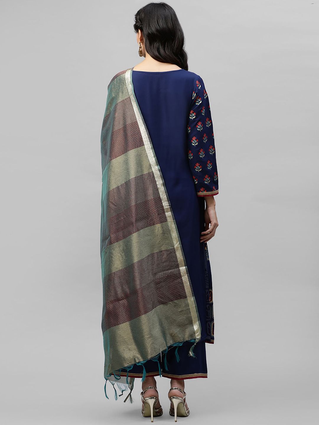 Women Navy Blue & Grey Printed Kurta with Patiala & Dupatta