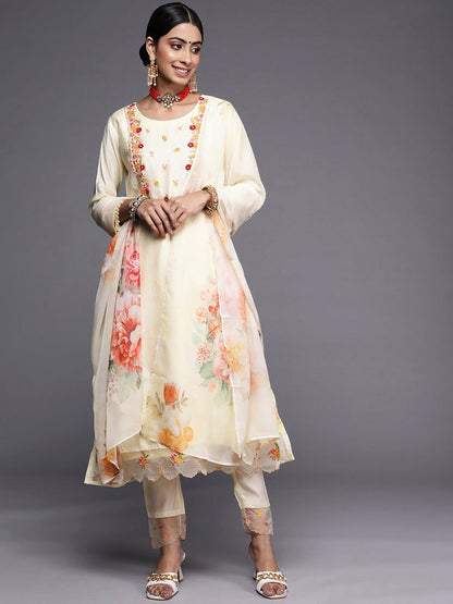 Dhiyona IE Floral Embroidered A-Line Chanderi Cotton Kurta with Trousers & Dupatta