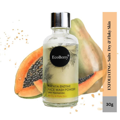 Ecoberry Papaya Enzyme Face Wash Powder in a clear jar, showcasing natural ingredients and vibrant papaya pieces for gentle cleansing.