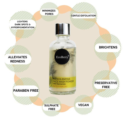 Ecoberry Papaya Enzyme Face Wash Powder in a white container, showcasing natural skincare product with papaya enzymes for gentle cleansing.