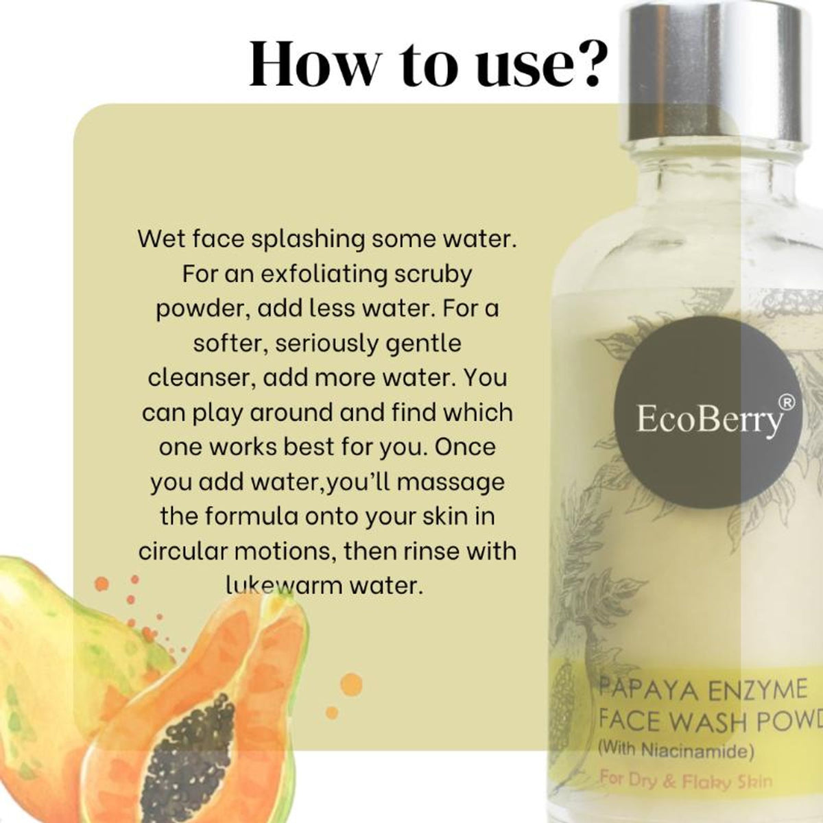 Ecoberry Papaya Enzyme Face Wash Powder in a clear jar with a scoop, showing fresh papaya and enzyme ingredients.