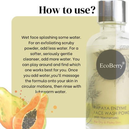 Ecoberry Papaya Enzyme Face Wash Powder in a clear jar with a scoop, showing fresh papaya and enzyme ingredients.