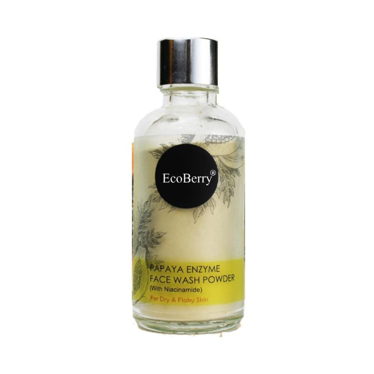 Ecoberry Papaya Enzyme Face Wash Powder in a clear jar, showcasing the natural powder for gentle skincare and exfoliation.