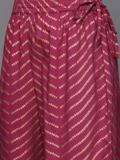 Indyancart VA Women's Fuchsia Pink & Golden Floral Print Cotton Kurta with Palazzos & Dupatta