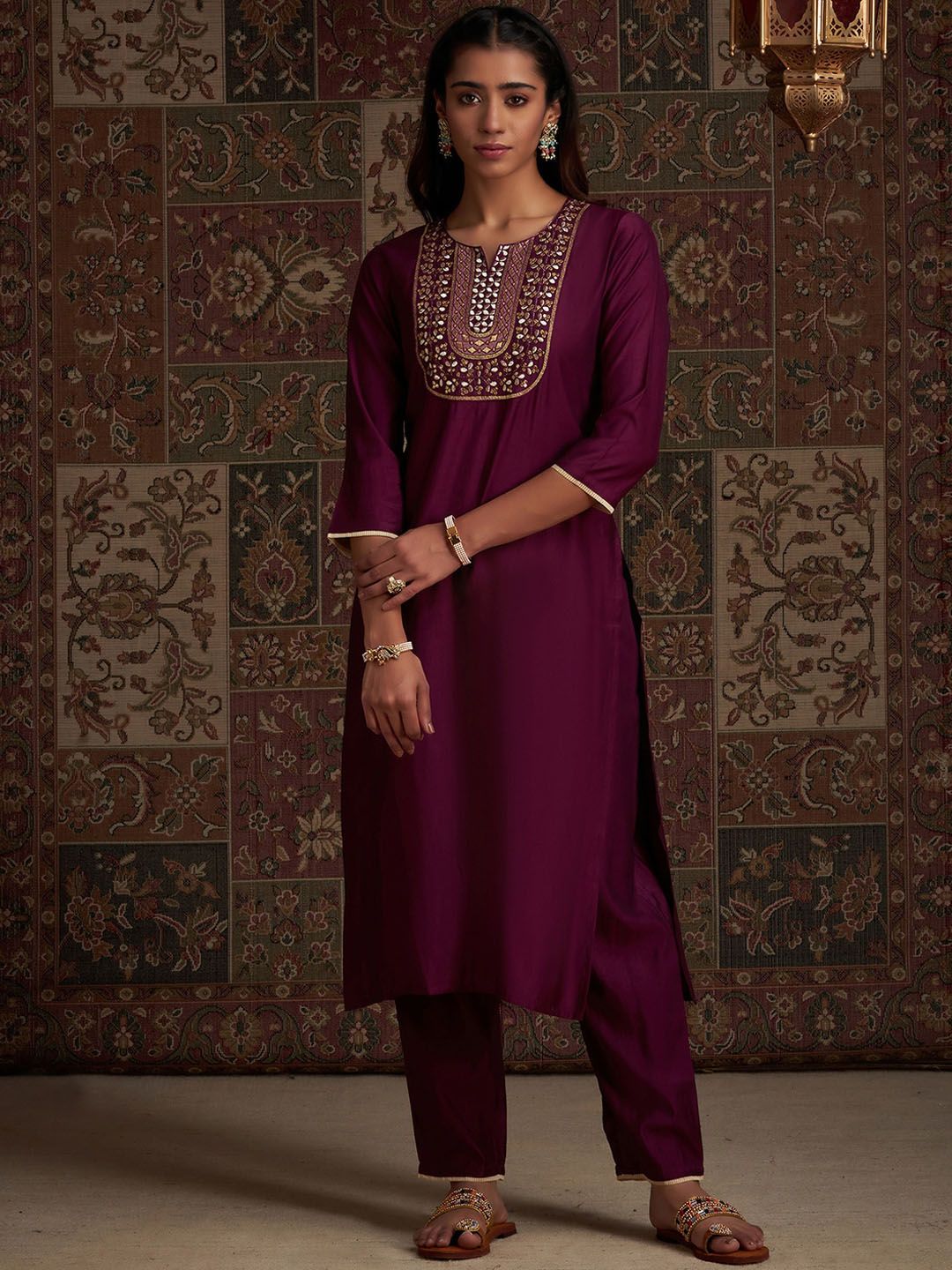 Indyancart IE Women Floral Embroidered Sequinned Liva Kurta With Trousers & With Dupatta