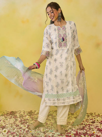 Indyancart IE Floral Printed Regular Thread Work Pure Cotton Kurta with Trousers & With Dupatta