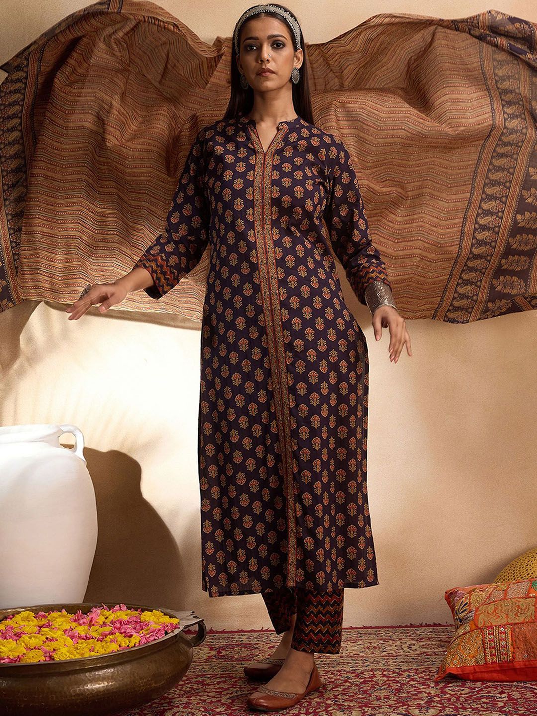 Indyancart IE Ethnic Motifs Printed Straight Pure Cotton Kurta with Trousers & Dupatta