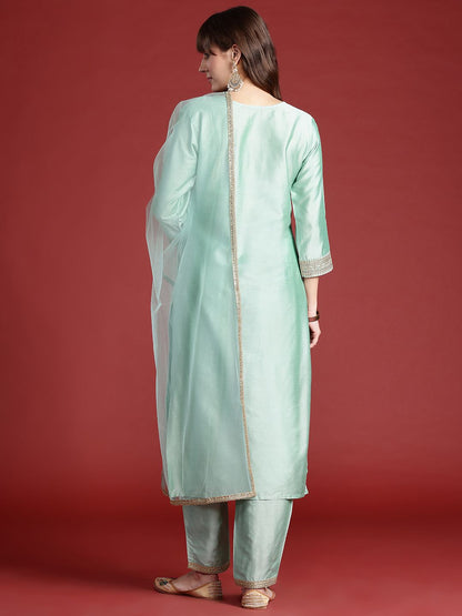 Indyancart IE Embroidered Sequinned Kurta With Trousers & Dupatta