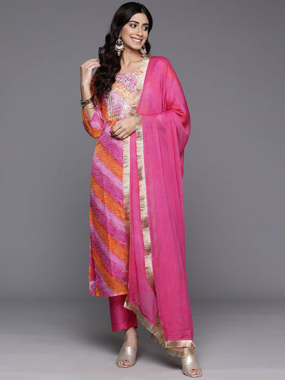 Indyancart VA Women'sBandhani Printed Thread Work Straight Kurta With Trousers & Dupatta