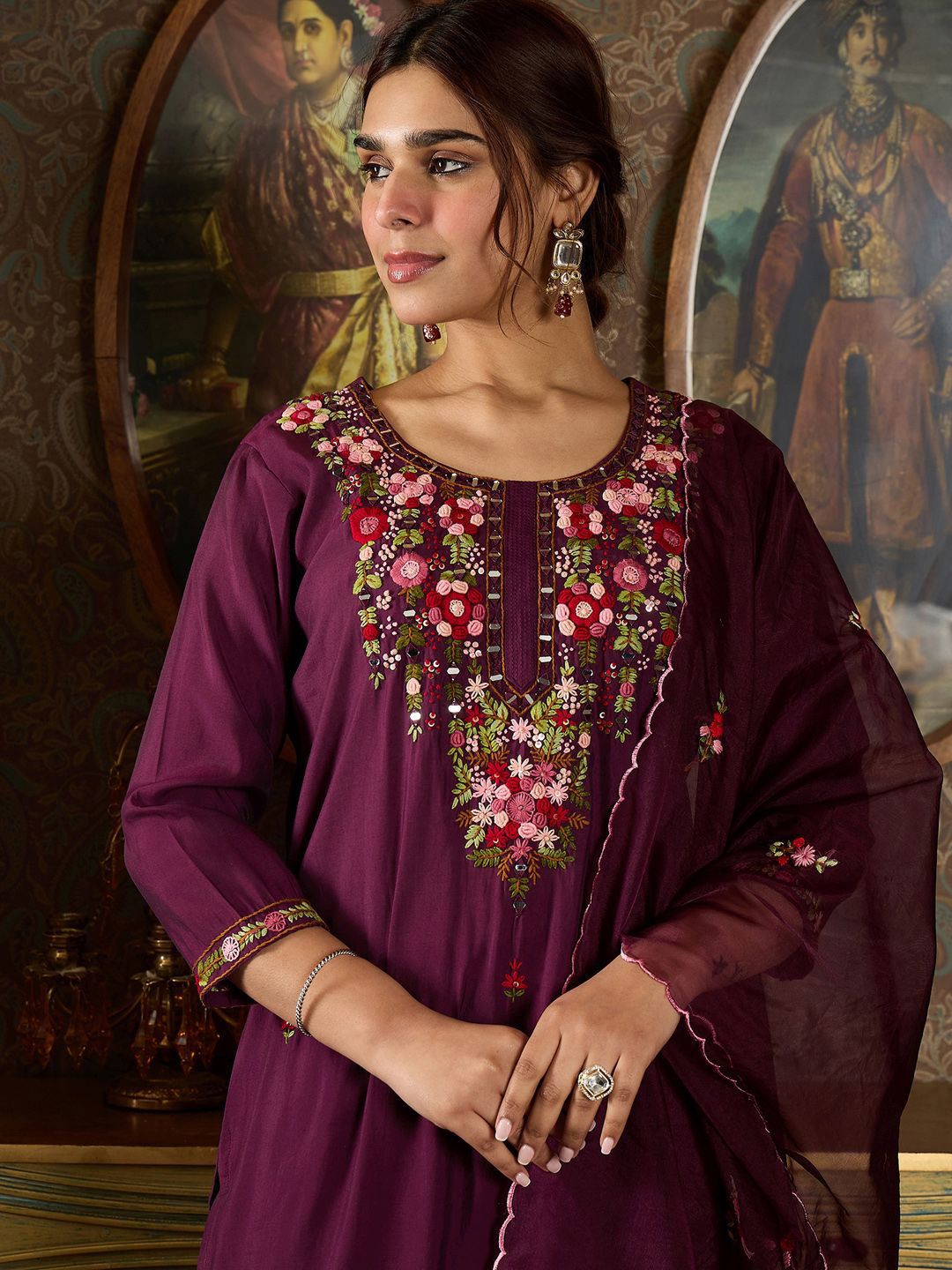 Indyancart IE Floral Embroidered Kurta With Trousers & Dupatta