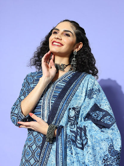 Women Blue Cotton Blend i Suit Kurta Set