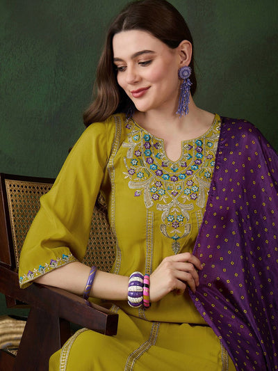 Indyancart SN Women's Mustard Floral Embroidered Sequinned A-Line Kurta With Trouser And Dupatta