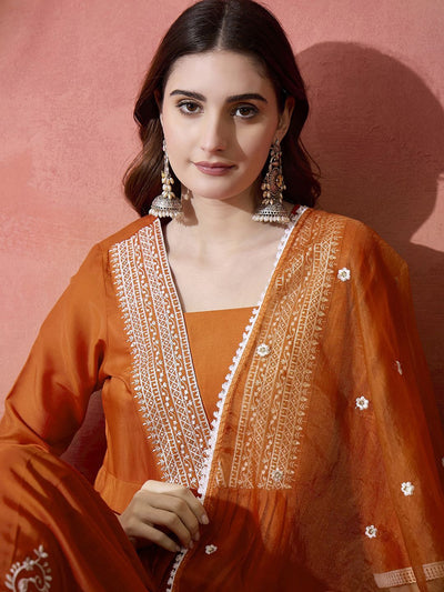 Indyancart SN Women's Orange Floral Embroidered Pleated Thread Work A-Line Kurta With Trouser & Dupatta