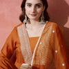 Dhiyona SN Women's Orange Floral Embroidered Pleated Thread Work A-Line Kurta With Trouser & Dupatta