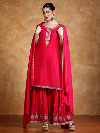Indyancart VA Women Floral Embroidered Kurta with Sharara & Dupatta