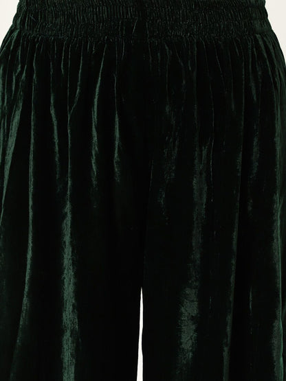 Indyancart VA Green Ethnic Motifs Embroidered Velvet Straight Kurta & Palazzos With Dupatta