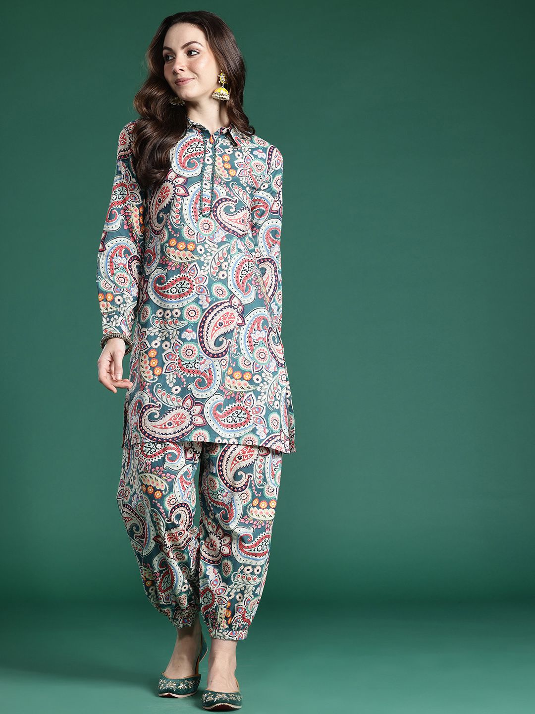 Indyancart IE Paisley Printed Pure Cotton Kurta with Salwar