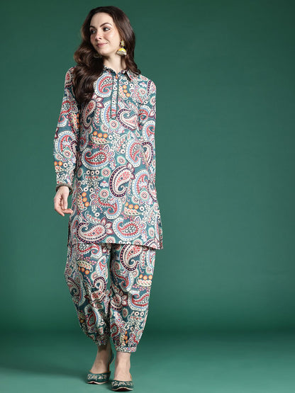 Indyancart IE Paisley Printed Pure Cotton Kurta with Salwar