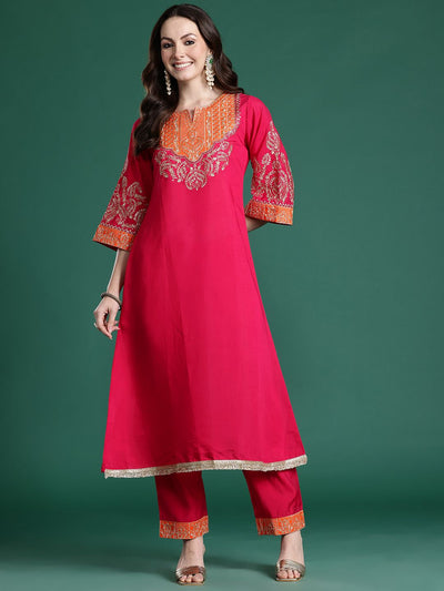 Indyancart IE Ethnic Motifs Embroidered Regular Kurta with Trousers