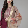 Indyancart IE Burgundy & Gold Striped Yoke Thread Work Liva Straight Kurta Trousers & Dupatta