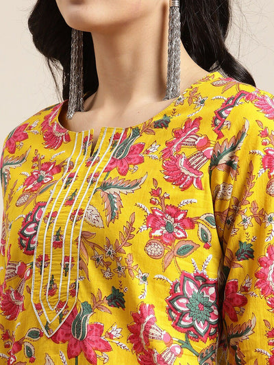 Indyancart VA Women's Yellow Floral Printed Straight Pure Cotton Kurta & Sharara With Dupatta