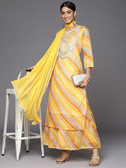 Indyancart VA Women's Yellow Leheriya Printed Gotta Patti Chanderi Cotton Kurta with Sharara & With Dupatta