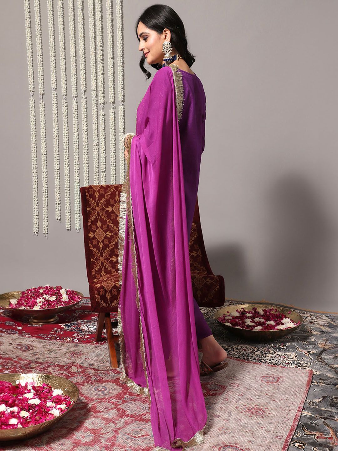 Indyancart VA Women'sFloral Yoke Design Gotta Patti Pure Cotton Kurta & Trousers With Dupatta