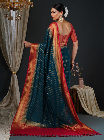 Women's Georgette Red Woven Design Designer Saree With Blouse Piece