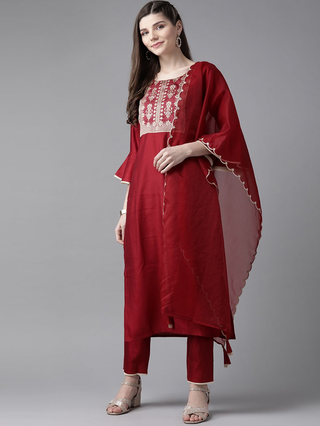 Indyancart IE Women Red Yoke Design Kurta with Trousers