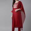 Indyancart IE Women Red Yoke Design Kurta with Trousers