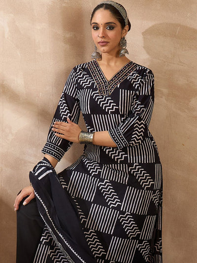 Indyancart IE Geometric Printed V Neck Pure Cotton Kurta With Trousers & Dupatta